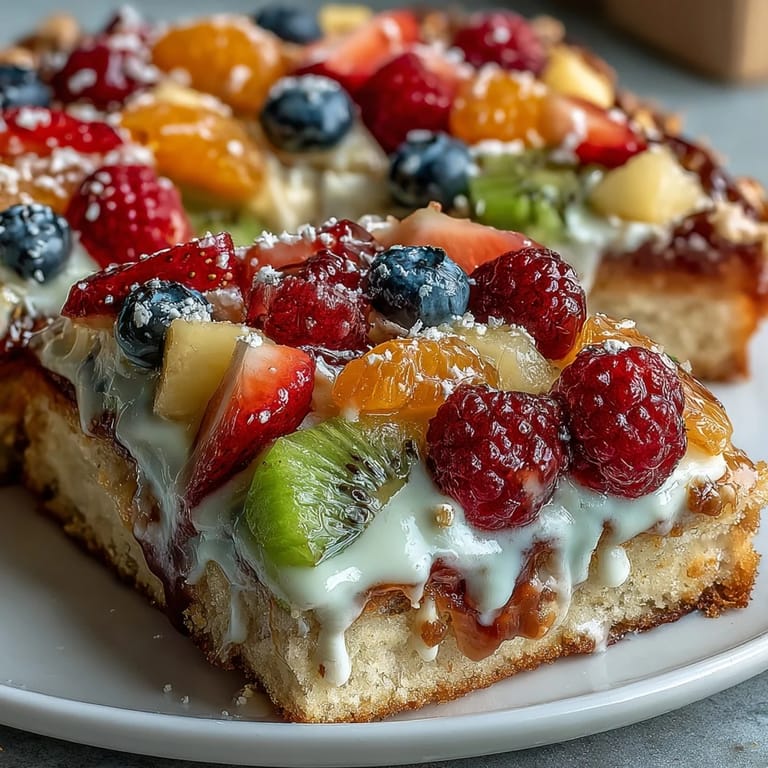 Chewy sugar cookie crust fruit pizza decorated with vibrant mixed fruits and a glossy apricot glaze for a festive summer dessert.
