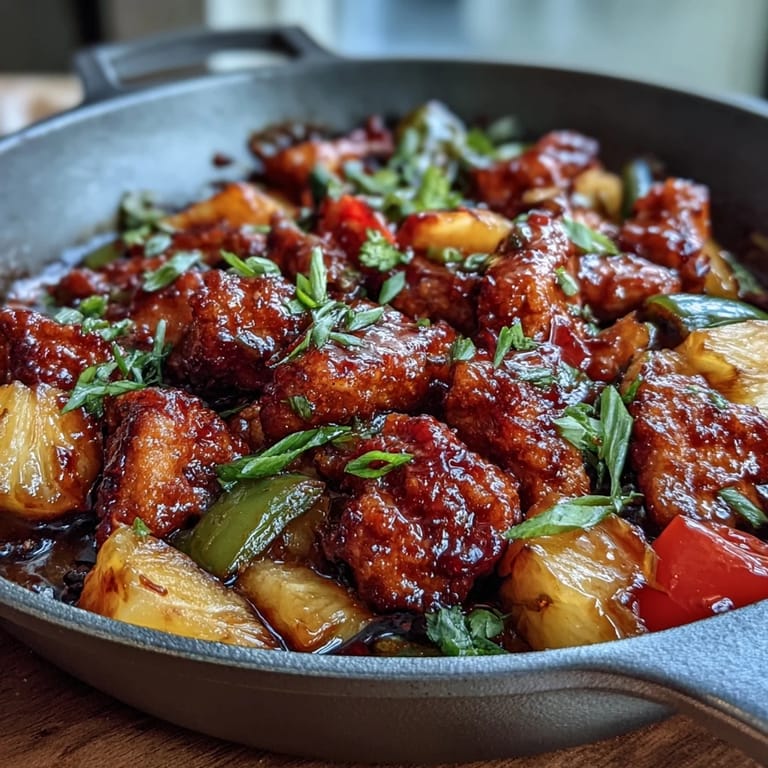 3. Easy sweet and sour chicken pineapple skillet featuring sautéed chicken, colorful vegetables, and fresh pineapple in a homemade tangy-sweet sauce, perfect for weeknights.