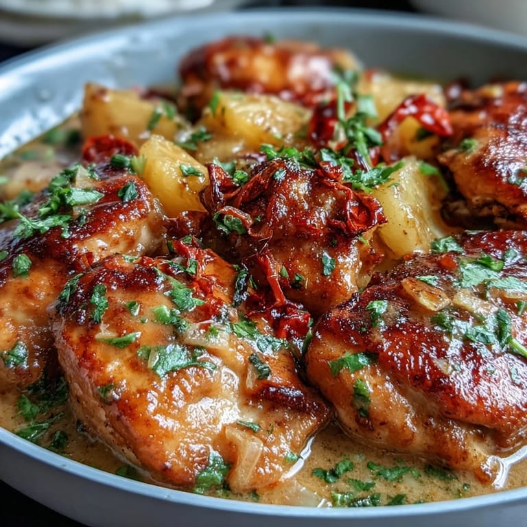Tropical one-pan chicken pineapple coconut curry served in a skillet, featuring colorful bell peppers, fresh pineapple, and fragrant curry spices.
