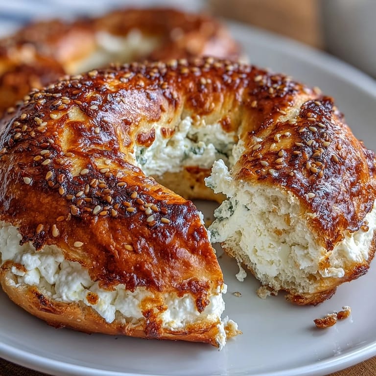 Homemade cottage cheese bagels topped with everything bagel seasoning, soft inside with a slightly crisp exterior.
