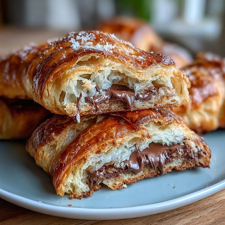 Rich dark chocolate batons wrapped in tangy sourdough croissant dough, baked to golden perfection with crisp, buttery layers.