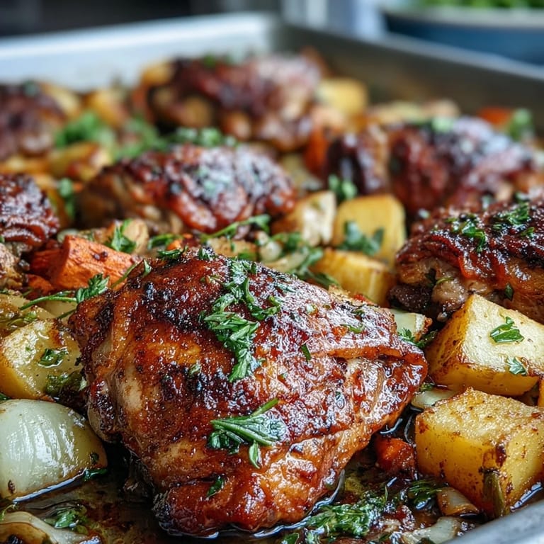 A complete sheet pan meal with seasoned chicken, tender carrots, and crispy potatoes, perfect for a quick family dinner.