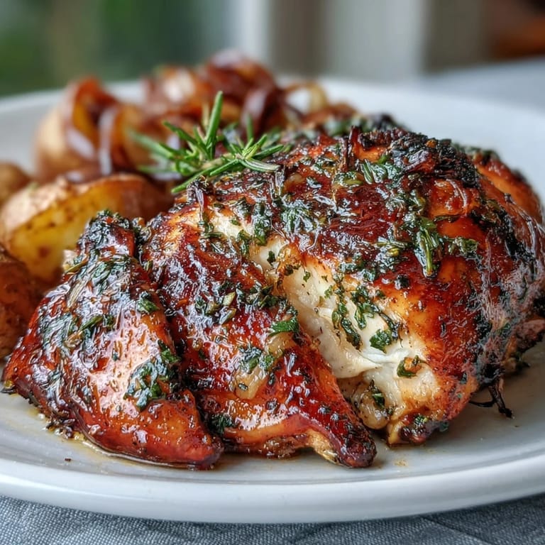 Golden herb-crusted chicken with tender baby potatoes, roasted to perfection with zesty lemon and fresh rosemary for a comforting meal.  