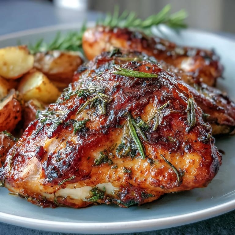 Juicy whole chicken nestled among seasoned potatoes, brightened by lemon and fresh thyme, ideal for a family gathering or special occasion.