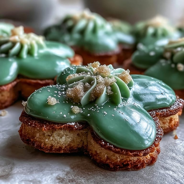 Adorable shamrock-shaped sugar cookies decorated with vibrant green royal icing, perfect for St. Patrick's Day celebrations.