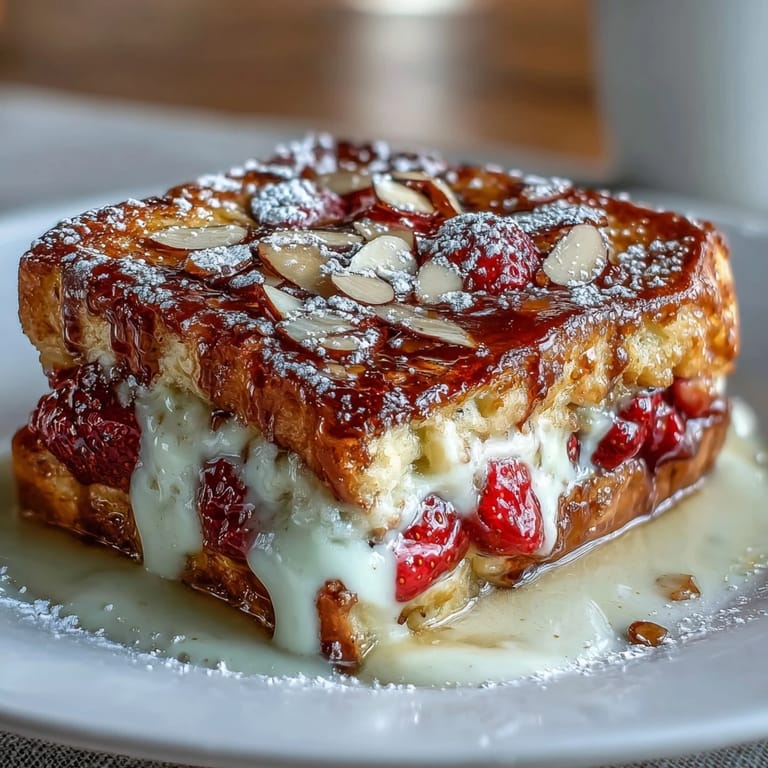 Layers of soft brioche bread soaked in creamy custard, baked with ripe strawberries and a crisp almond topping for a festive brunch.