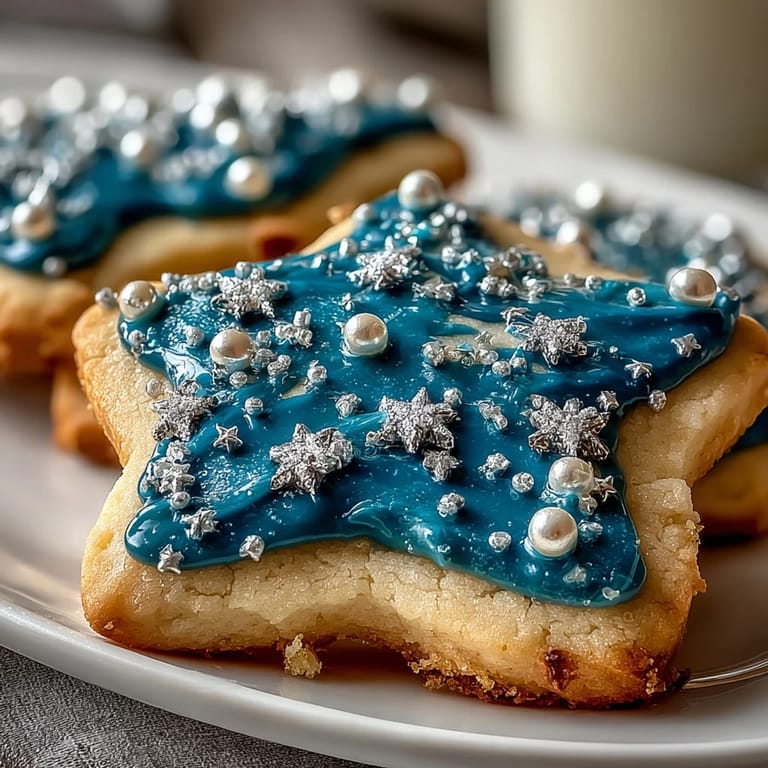 Hand-decorated sugar cookies featuring edible pearls forming the Pisces constellation, accented with blue icing and silver star sprinkles.