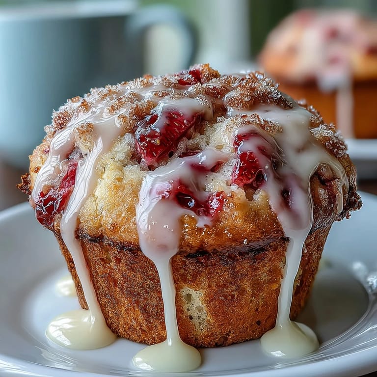 Bright strawberry muffins topped with tangy lemon glaze, perfect for brunch or an afternoon dessert.