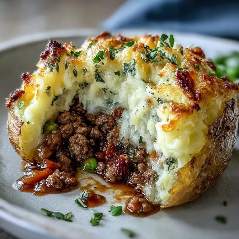 Rich and satisfying stuffed baked potatoes layered with ground beef, peas, carrots, and topped with buttery mashed potato clouds.