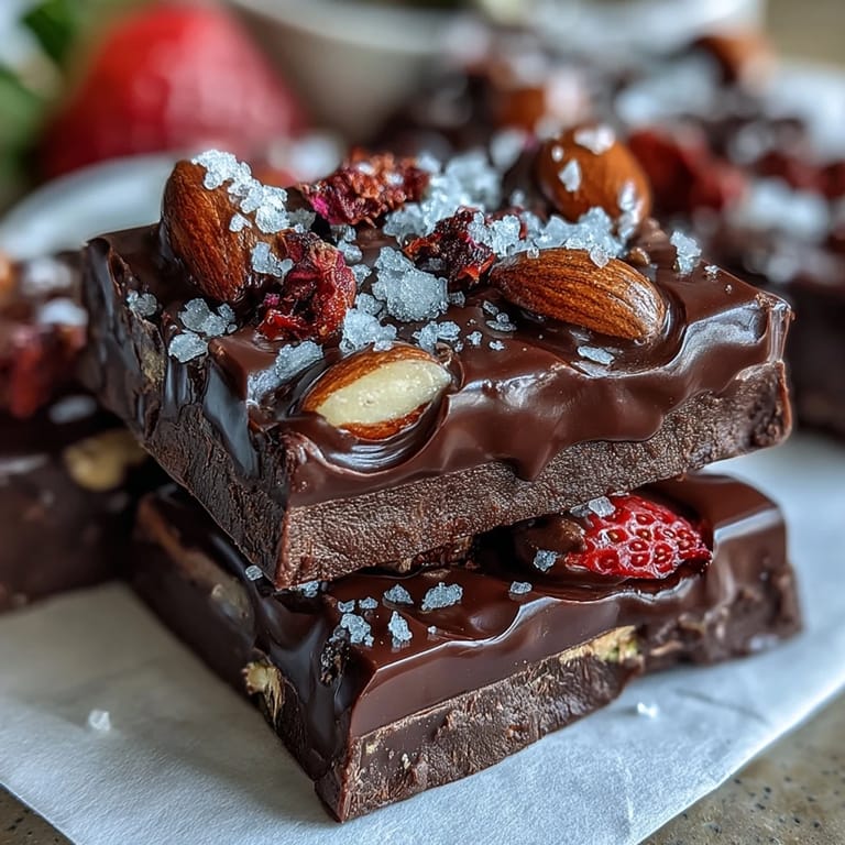 Indulge in this Dubai Chocolate Strawberry Bark with Pistachios and Almonds, blending dark chocolate, sweet dried strawberries, and roasted nuts.