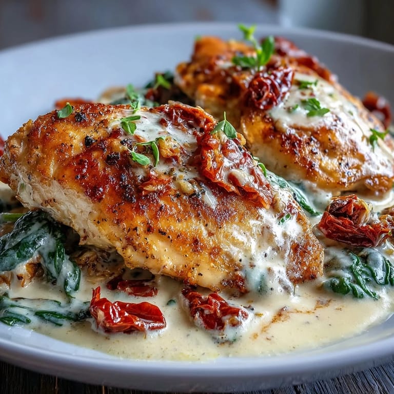 A comforting one-pan Creamy Tuscan Chicken Skillet with tender chicken breasts simmered in a luscious, herb-infused cream sauce.