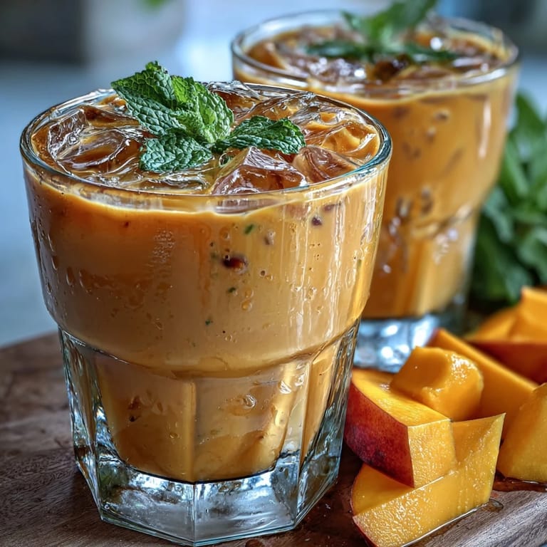 A vibrant pitcher of Mango Peach Iced Tea with Mint, served over ice with fresh fruit slices and fragrant mint sprigs.