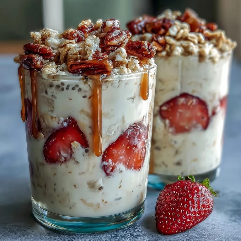 A jar of strawberry overnight oats layered with juicy berries, chia seeds, and granola, perfect for busy mornings.