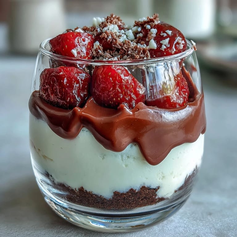 Layered Easy Dubai Chocolate Strawberry Cheesecake Cups featuring velvety cheesecake, juicy macerated strawberries, and smooth chocolate ganache in a no-bake dessert cup.