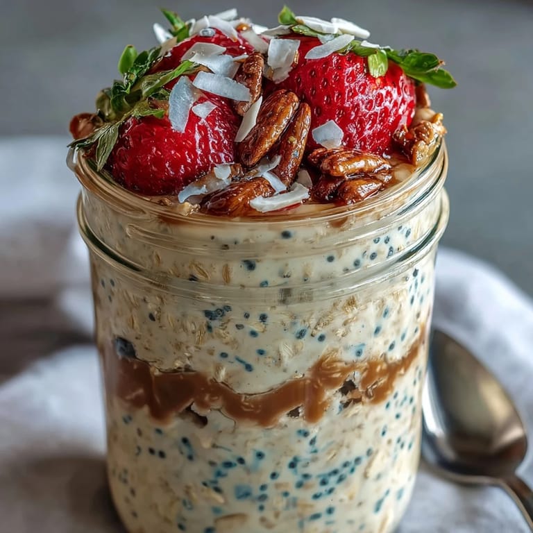 Creamy overnight oats with fresh strawberries and chia seeds, perfect for a quick, nutritious breakfast on busy mornings.