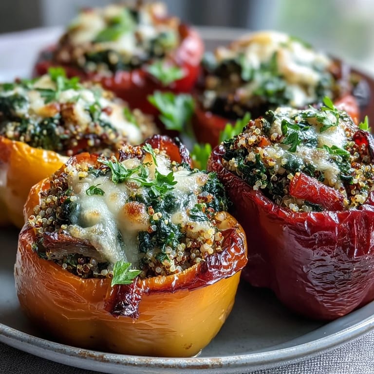 Vibrant bell peppers stuffed with fragrant quinoa, fresh herbs, and seasonal vegetables, offering a healthy vegetarian meal option.