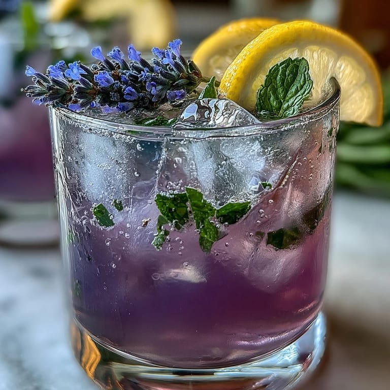 Glass of lavender lemonade with muddled mint leaves, ice cubes, and lemon garnish, perfect for warm weather sipping.