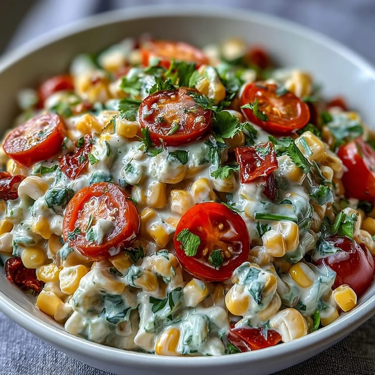 A vibrant bowl of creamy corn salad with fresh cilantro and a hint of spice.