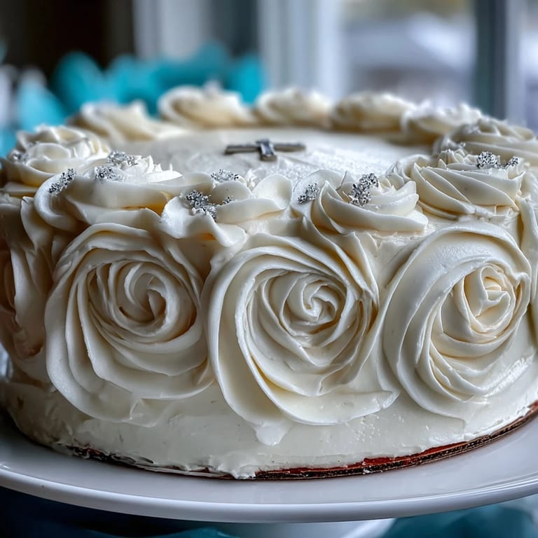 Beautiful First Communion Cake with intricate white roses and cross topper, ideal for honoring a special religious occasion with elegant vanilla layers.