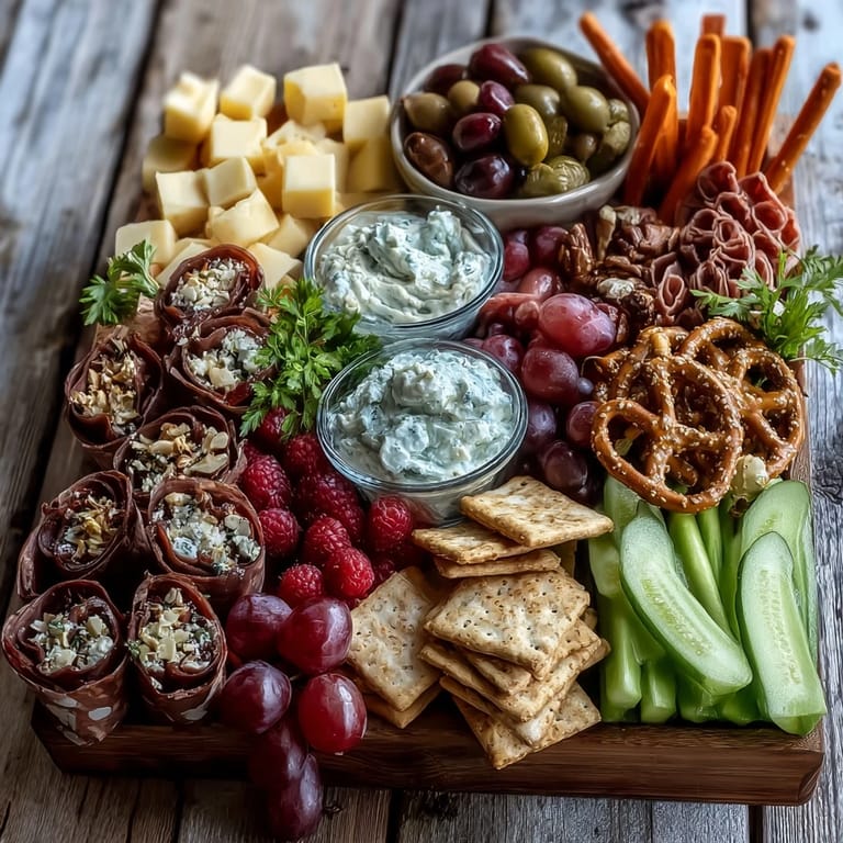Colorful appetizer platter featuring cheddar cubes, salami, fresh veggies, and chocolate pretzels, arranged for a memorable graduation celebration.