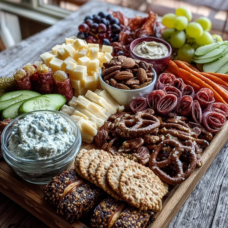 Vibrant snack board with hummus, ranch dip, mixed olives, berries, and mini cookies, offering a festive spread for grad parties.