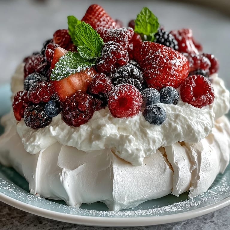 Elegant Mothers Day Pavlova featuring golden meringue, silky whipped cream, and a colorful arrangement of seasonal mixed berries for a festive treat.
