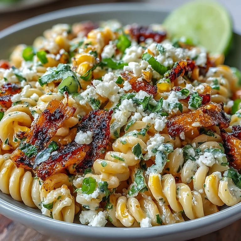 Creamy Mexican street corn pasta salad with smoky paprika, chili powder, and tangy Cotija cheese, served chilled with lime wedges.