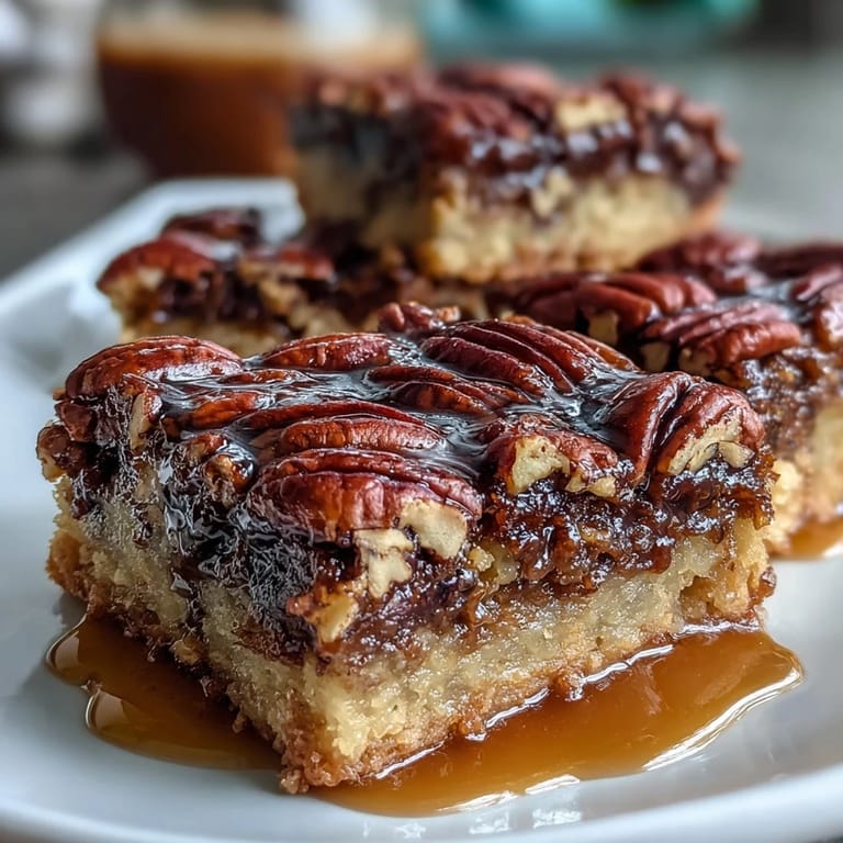 Buttery shortbread base layered with sweet pecan pie filling, sliced into bars and finished with a glossy bourbon glaze for a Southern classic treat.