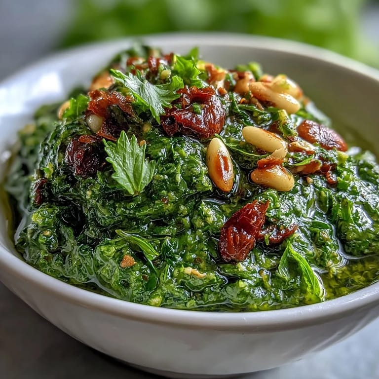 Creamy dandelion pesto featuring toasted pine nuts and garlic, a bright, herbaceous spread for crostini or roasted vegetables.