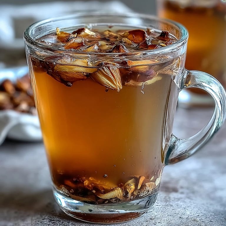 Creamy dandelion root tea with ginger and turmeric, served hot with a drizzle of honey and a twist of lemon.