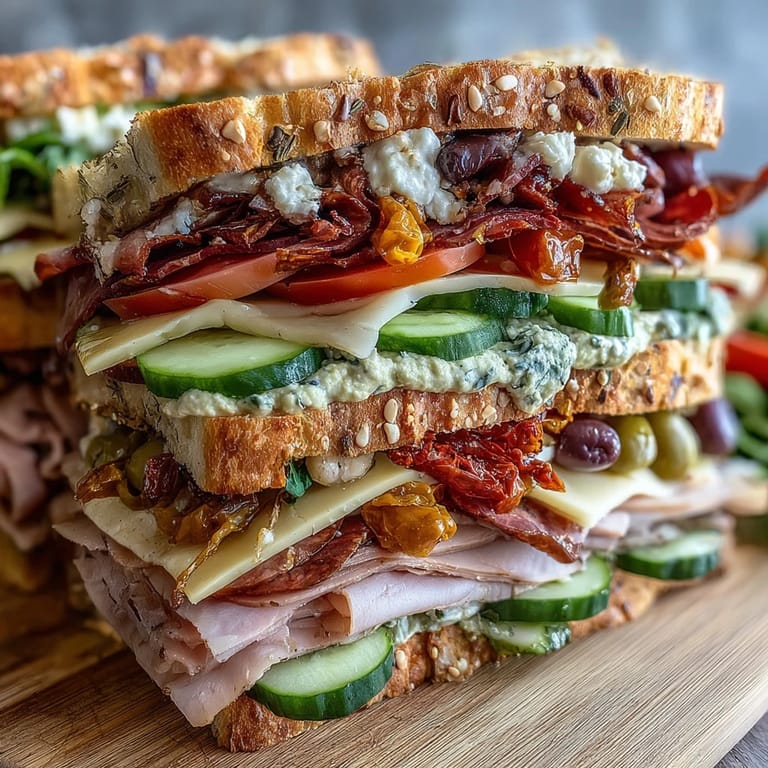 Vibrant Loaded Deli Sandwich Board featuring smoked turkey, honey ham, and colorful veggies for DIY sandwich building.