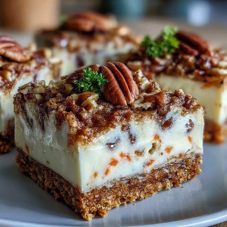 Irresistible carrot cake cheesecake bars with a luscious swirl, perfect for spring gatherings or special occasions.