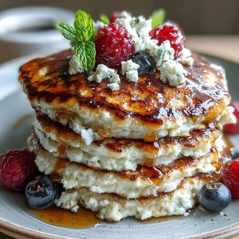 Golden-brown 30g Protein Pancakes fresh off the skillet, topped with berries.
