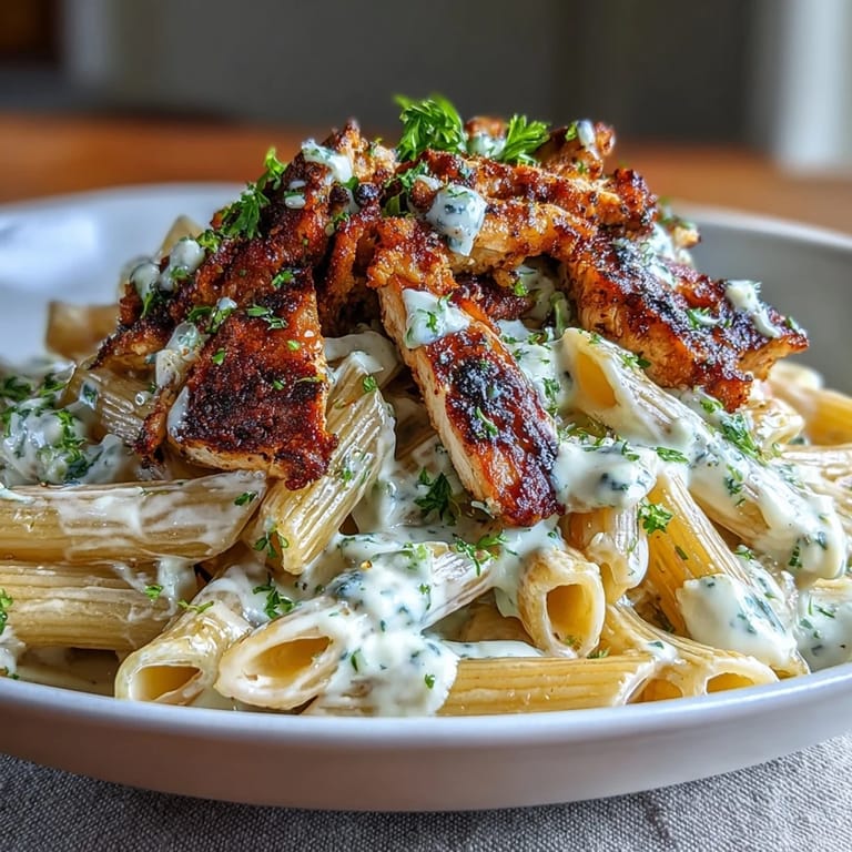 Visually appealing bowl of Creamy High Protein Chicken Pasta topped with cheese.