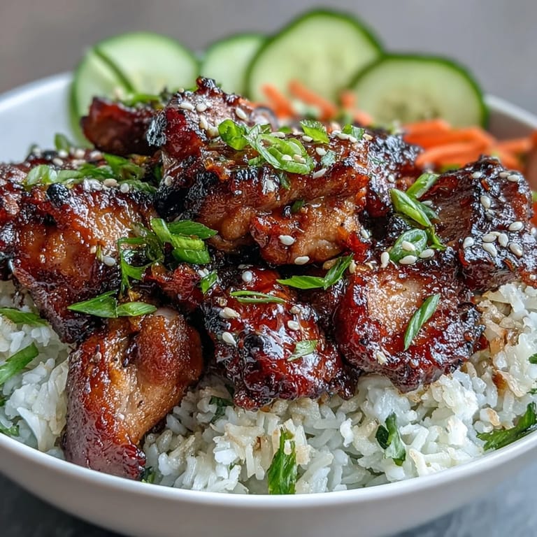 Vibrant Sticky Chicken Rice Bowl with perfectly cooked chicken, crunchy vegetables, and savory sauce.