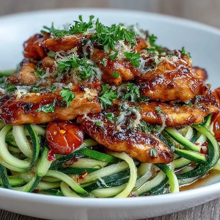 Tender Chicken Zucchini Noodles recipe, showcasing bright lemon sauce and crisp, spiralized vegetables.