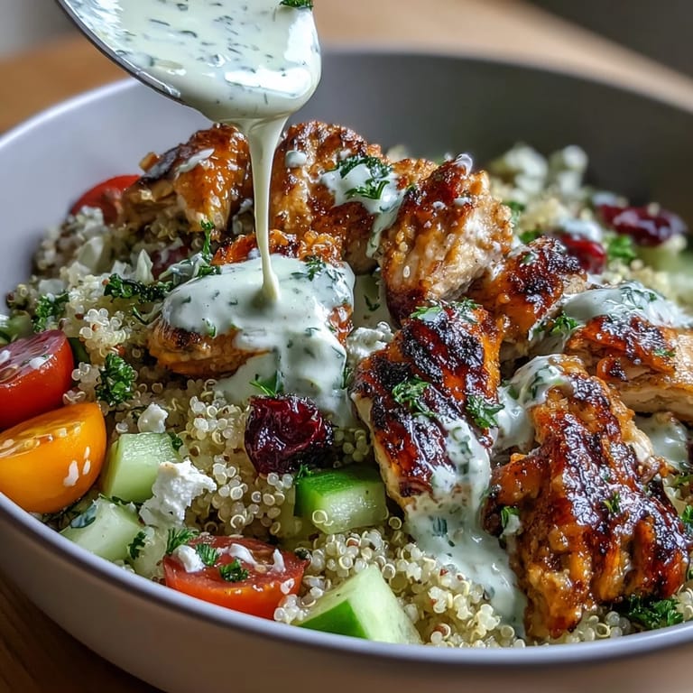 Delicious high protein bowl featuring tender chicken, fluffy quinoa, and a zesty yogurt.
