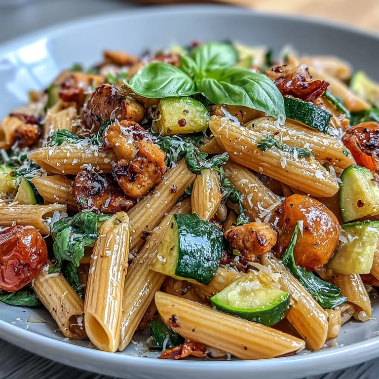 Easy Healthy High Protein Pasta: a steaming skillet of pasta, chicken, and fresh cherry tomatoes.