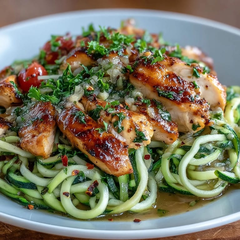 Hearty Low Calorie Chicken Zucchini Noodles, perfect for a quick, satisfying, garlic-infused meal.