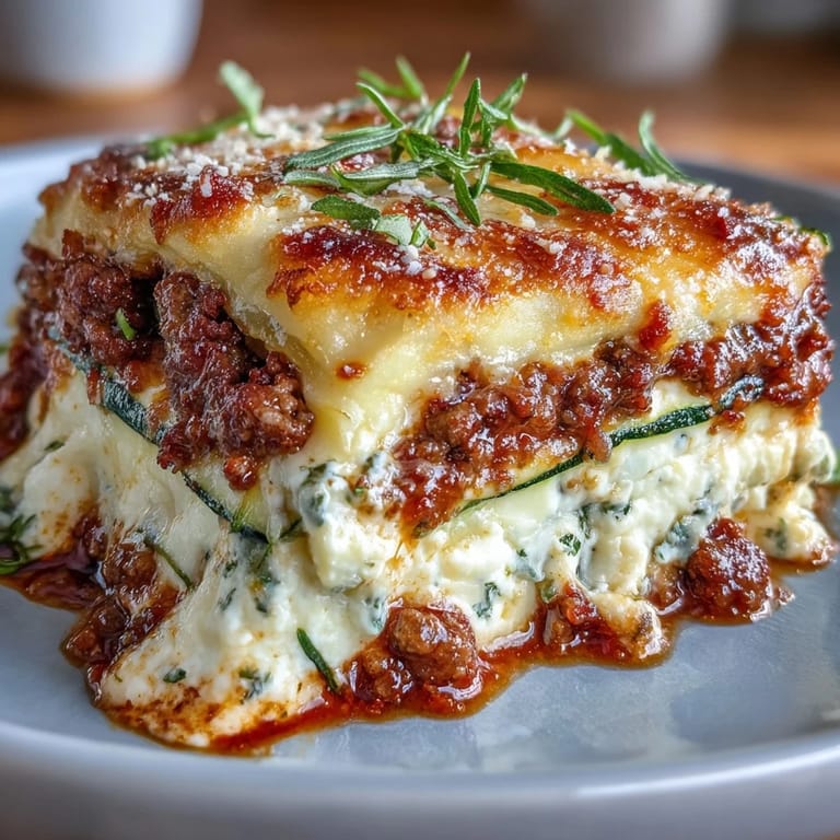 Layered Zucchini Lasagna featuring tender zucchini slices, savory meat sauce, and melted cheese for a satisfying, gluten-free main dish.