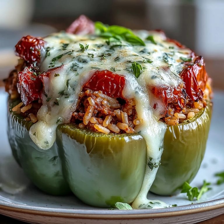 Savory bell peppers stuffed with lean ground turkey, aromatic spices, and hearty rice, topped with golden melted mozzarella.  