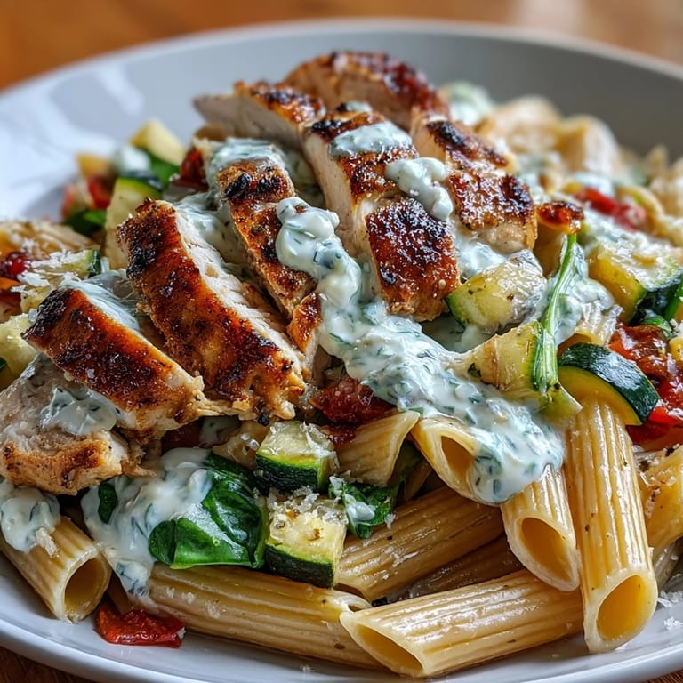 Wholesome high protein chicken pasta meal prep with colorful bell peppers, zucchini, and spinach, perfect for a balanced lunch on the go.  
