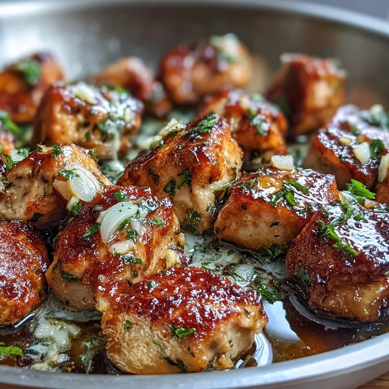 Juicy garlic butter chicken bites sizzling in a skillet, ready to be paired with steamed veggies or rice.