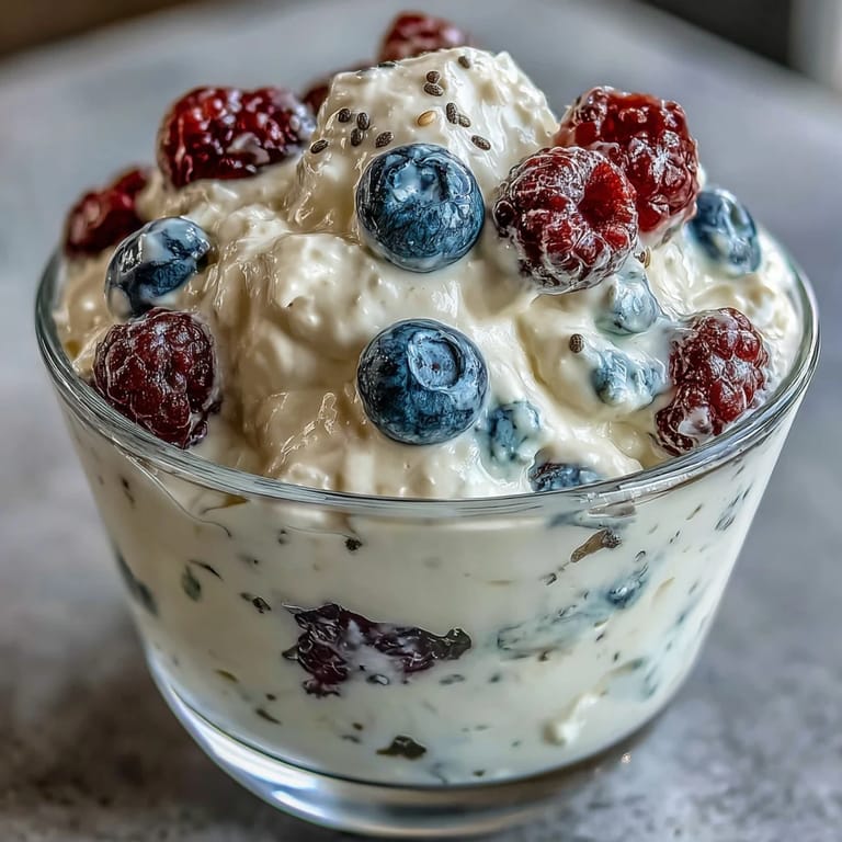 Close-up of a no-bake high-protein berry yogurt parfait with juicy strawberries and blueberries.