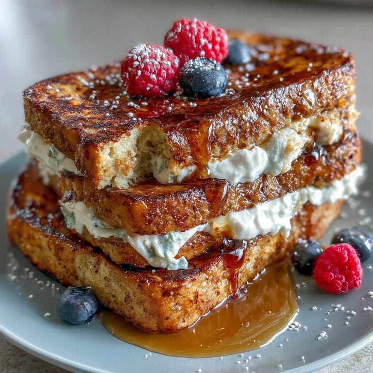 Delicious low-calorie French toast, golden-brown and spiced with cinnamon, paired with a side of fresh fruit and honey drizzle.