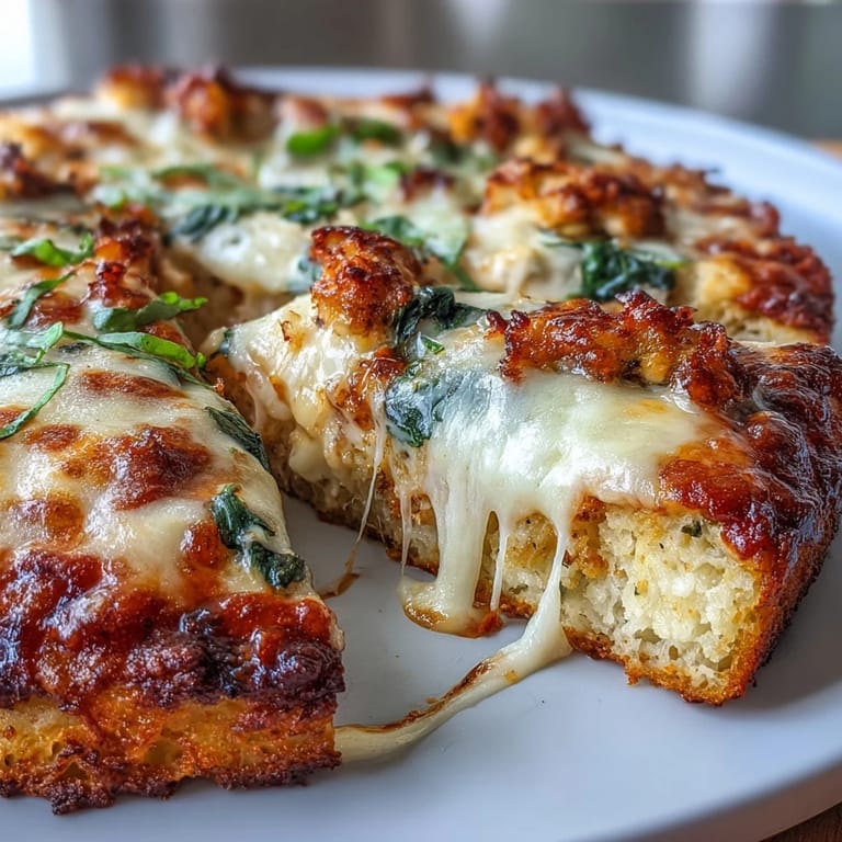 High-protein pizza recipe with a golden crust, juicy chicken, and vibrant veggie toppings for a healthy meal.