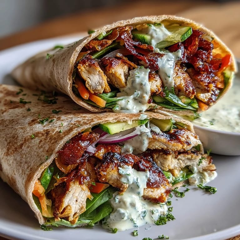 High protein chicken wraps meal prep featuring tender grilled chicken, colorful veggies, and creamy yogurt sauce in soft whole wheat wraps.