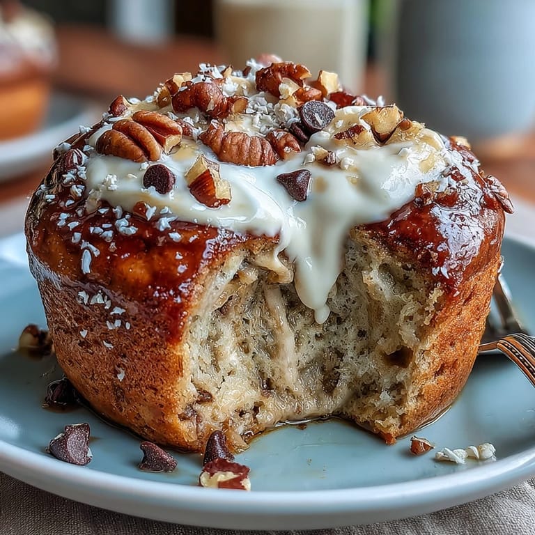 Warm, fluffy protein banana mug cake with a golden top, served in a ceramic mug.
