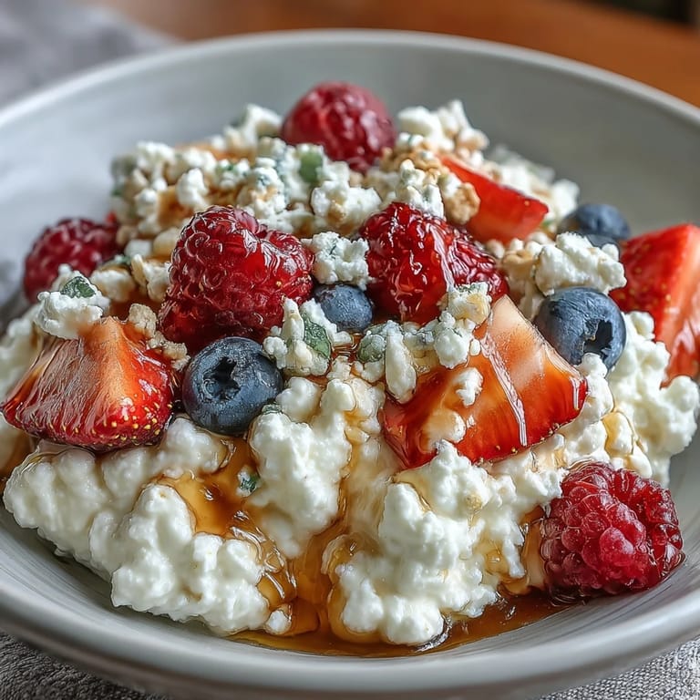 Bright and colorful cottage cheese breakfast bowl layered with juicy berries, nutty granola, and sweet honey—perfect for a quick, protein-packed start.