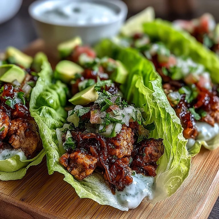 Delicious High Protein Lettuce Wrap Tacos filled with savory chicken, vibrant salsa, and cool lettuce for a quick Mexican-inspired lunch.